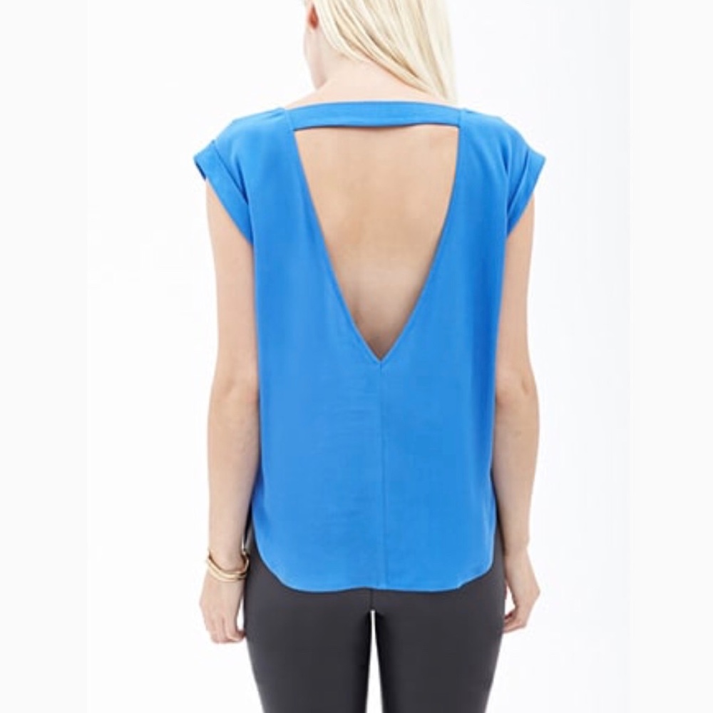 Women’s Royal Blue Capped Sleeve Open Back Short Sleeve Top Blouse Medium - Picture 3 of 8